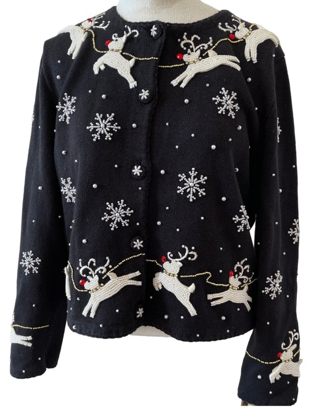 Michael Simon Cardigan Christmas Sweater Art Santa Claus Bead Reindeer Sz Medium